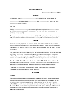 Contrato-DE- Leasing - contrato de lean ir en ecuador - CONTRATO DE LEASING  En ................ a - Studocu