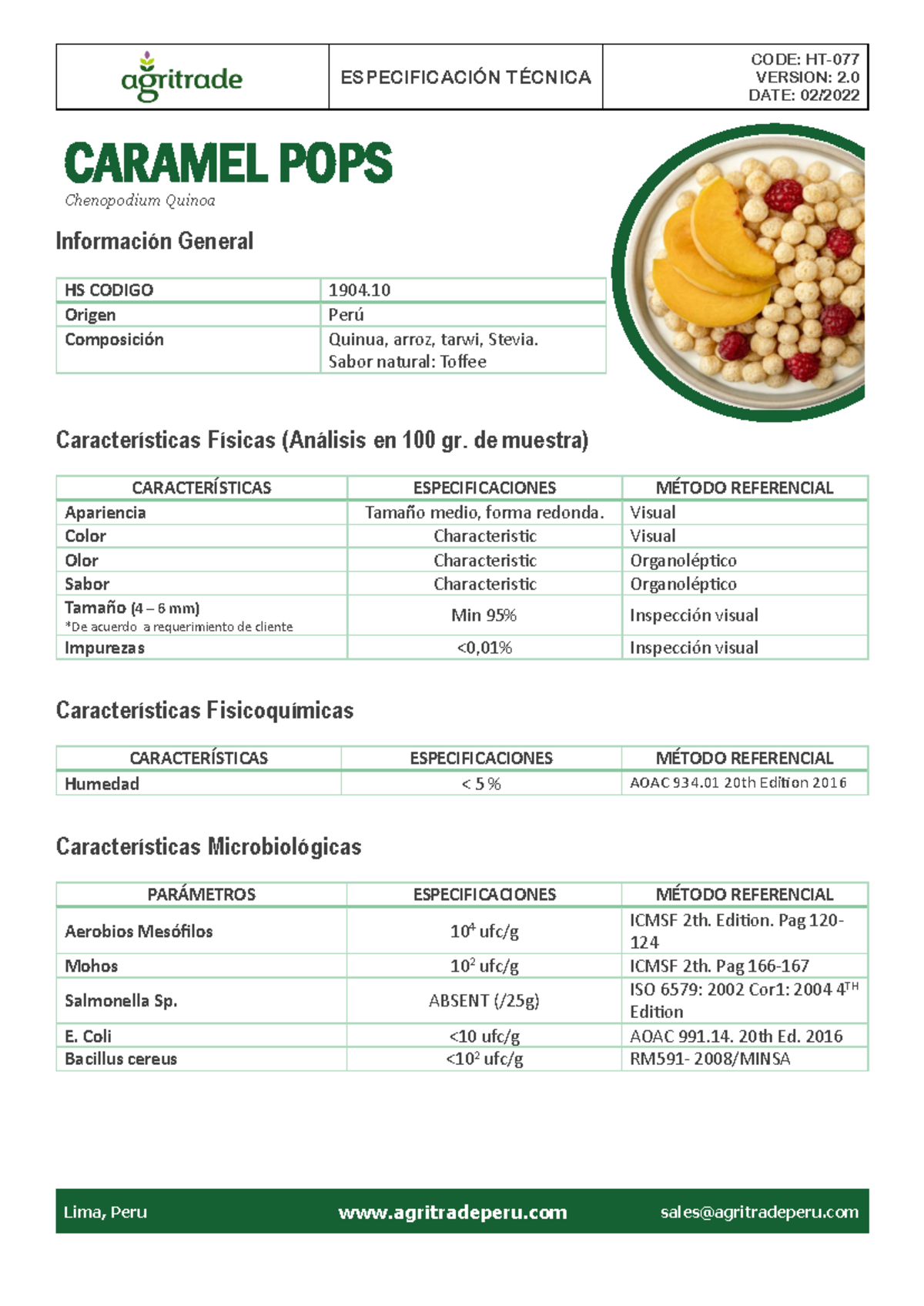 HT 077 Caramel POPS Esp - ESPECIFICACIÓN TÉCNICA CODE: HT- 077 VERSION ...