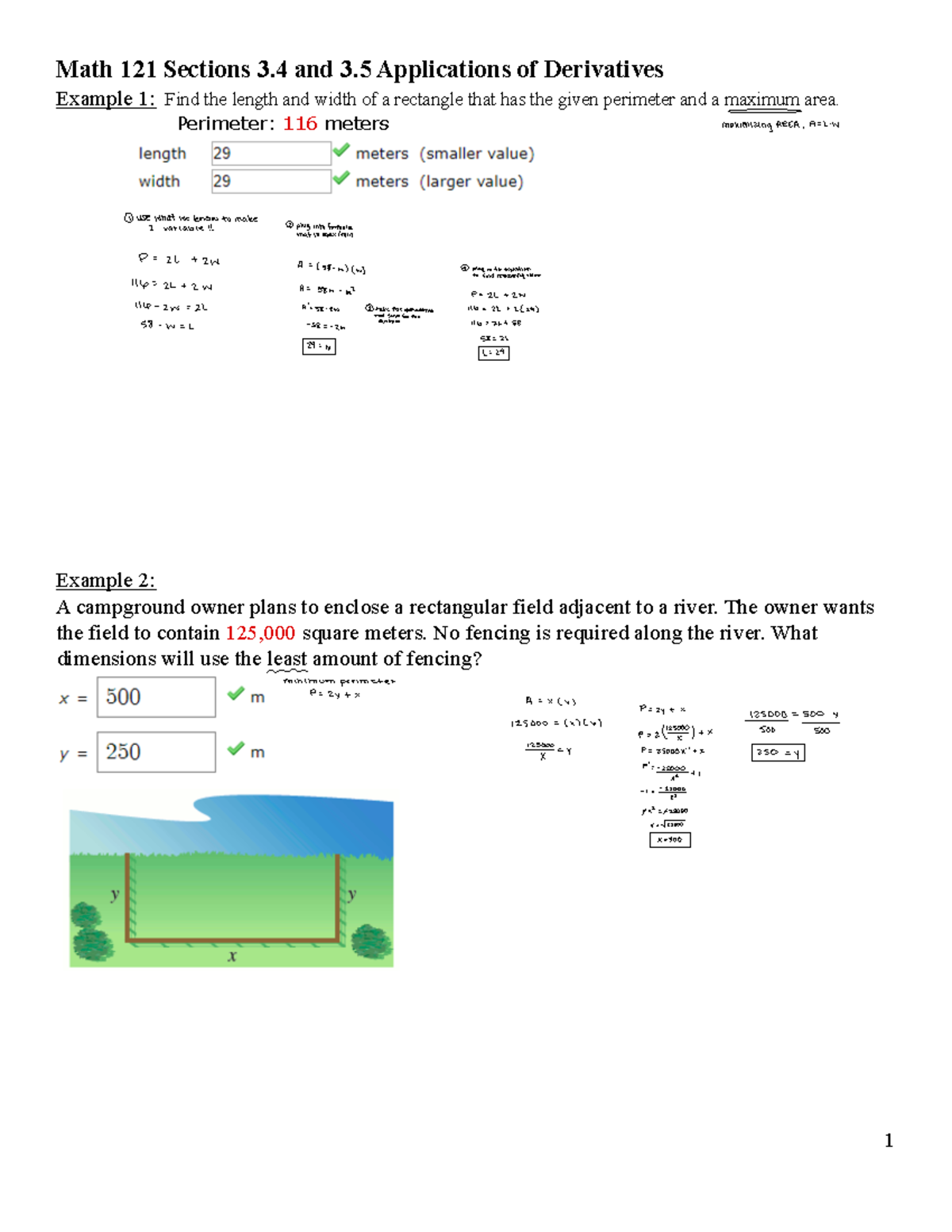 MATH121 Applications of Derivatives Example Problems - Math 121 ...