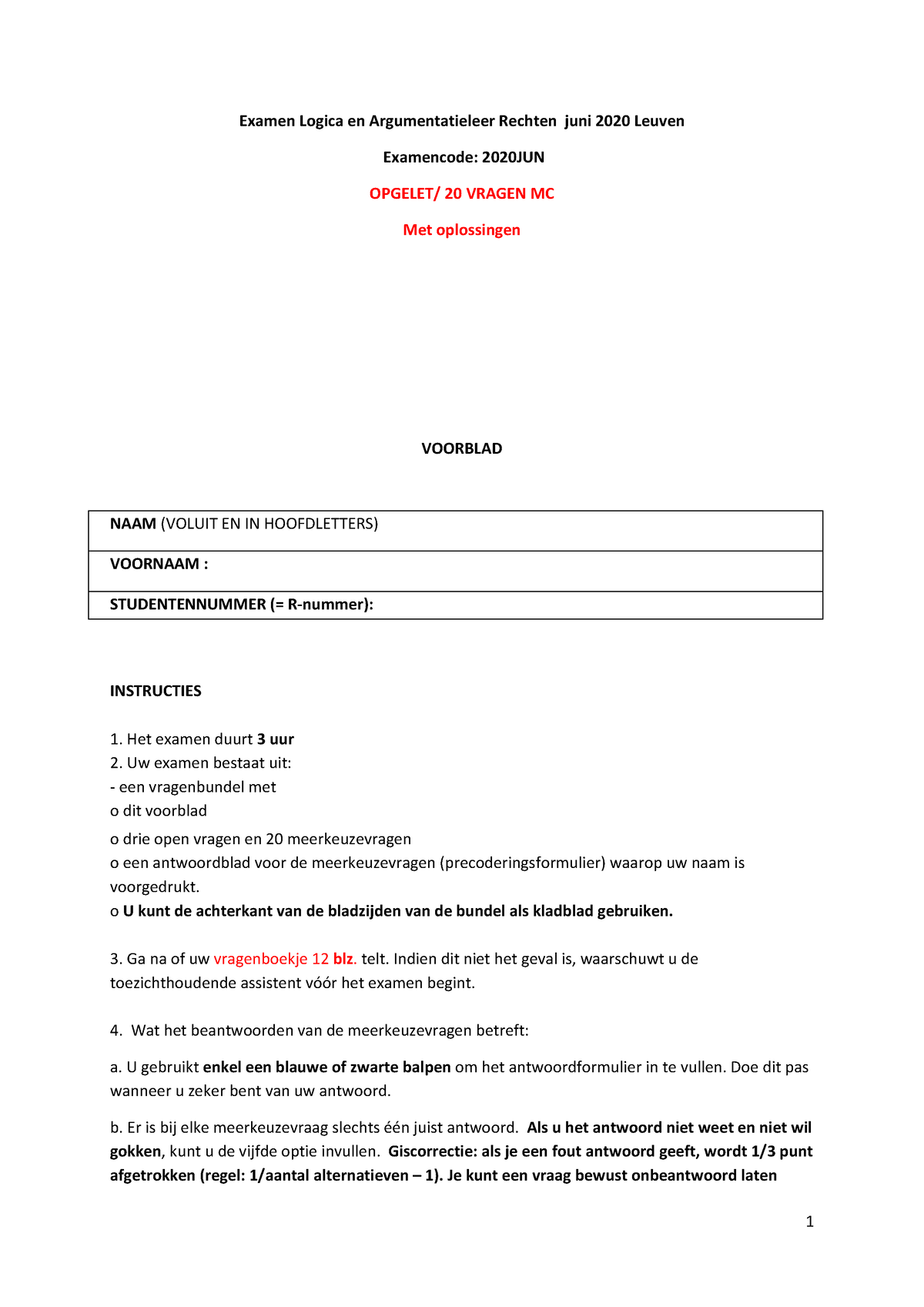 Examenjuni 2020metsleutel - Examen Logica En Argumentatieleer Rechten ...