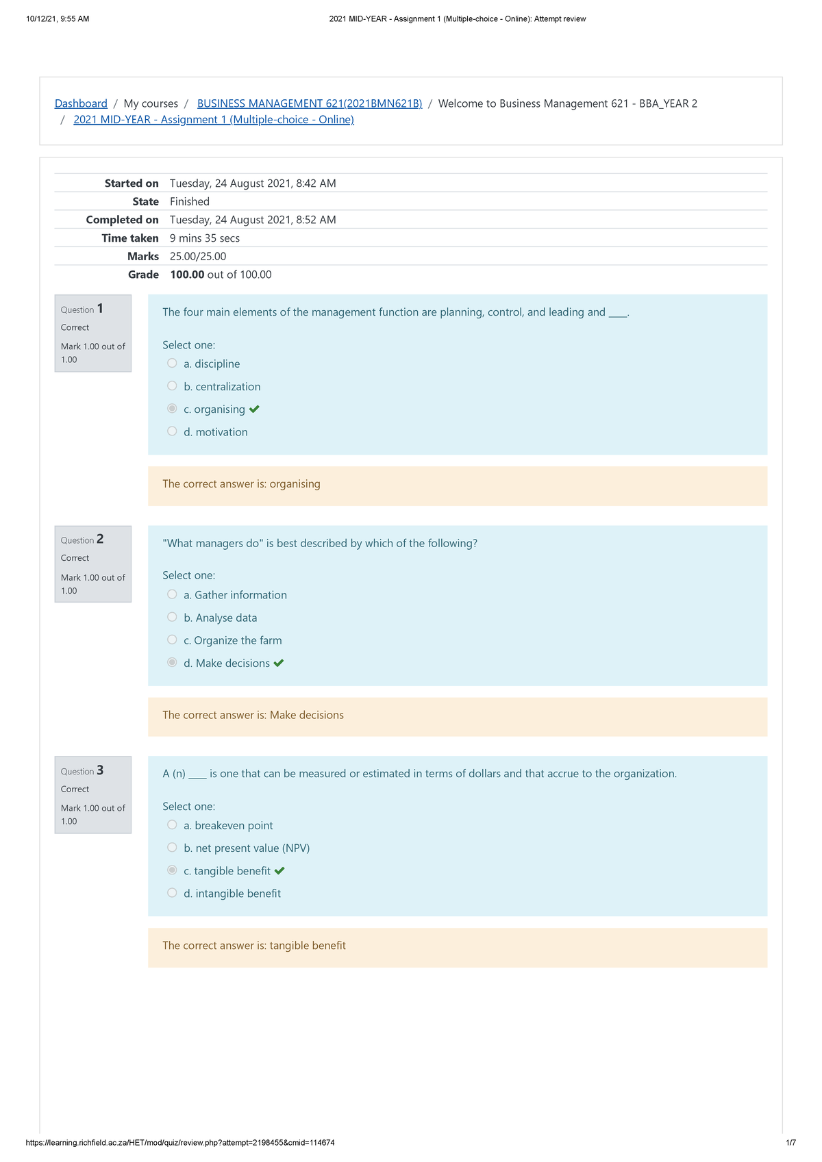 2021 MID-YEAR - Assignment 1 Business Management 1 - HRM621 - Richfield ...