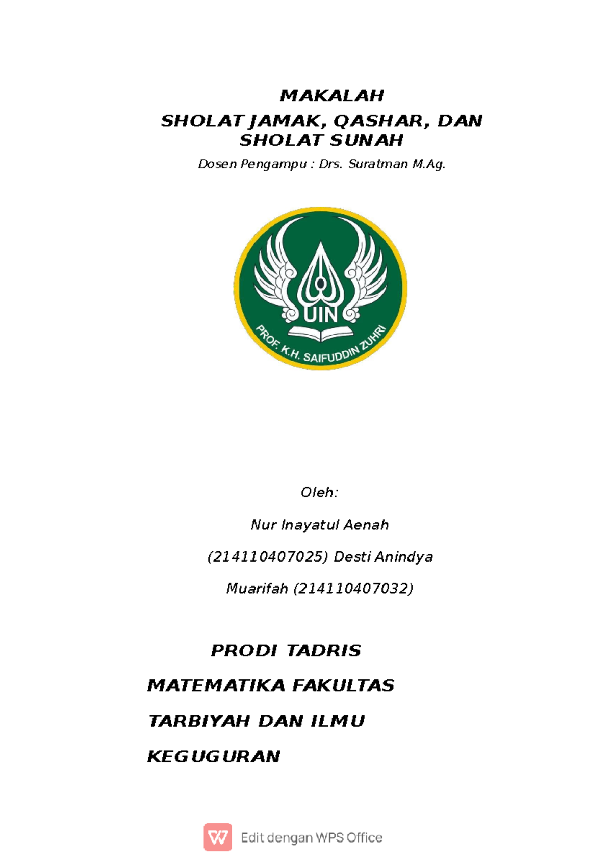 4 Makalah Fikih - MAKALAH SHOLAT JAMAK, QASHAR, DAN SHOLAT SUNAH Dosen ...