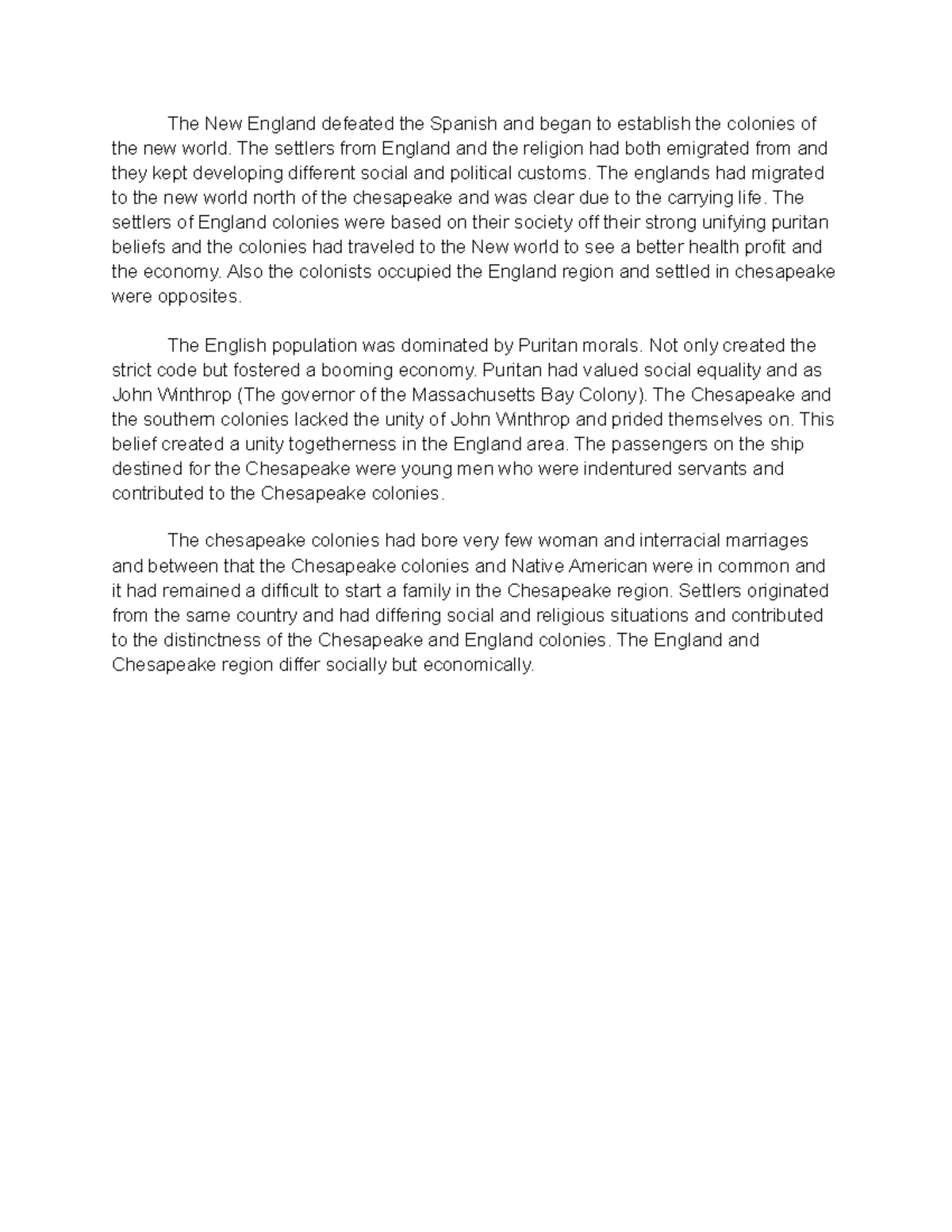 Differences between New england and chesapeake DBQ The New England