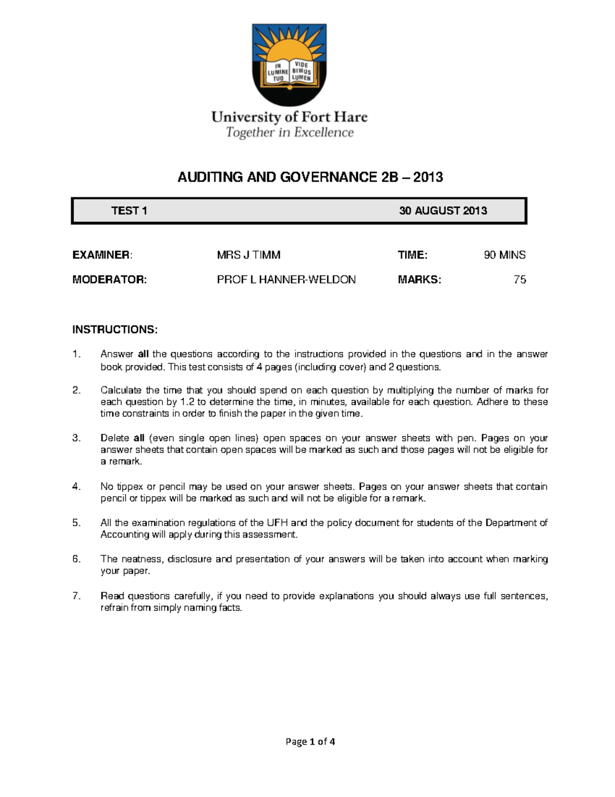 Test 1 (AUD 2B) - 30 August 2013 - AUDITING AND GOVERNANCE 2B – 2013 ...