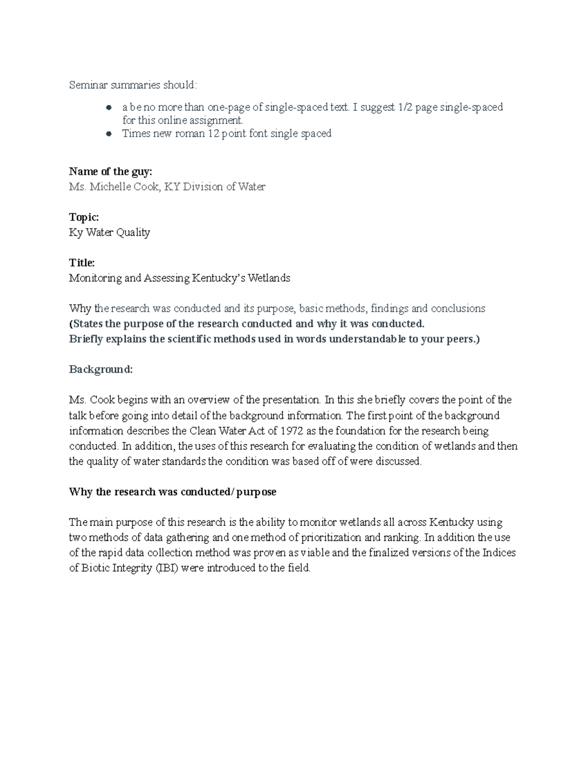 Biology seminar two outline - Seminar summaries should: a be no more ...