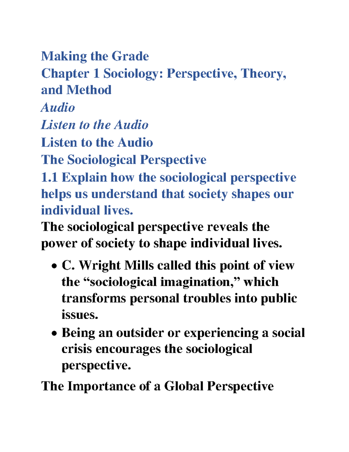 Sociology- Perspective, Theory, and Method - Making the Grade Chapter 1 Sociology: Perspective ...