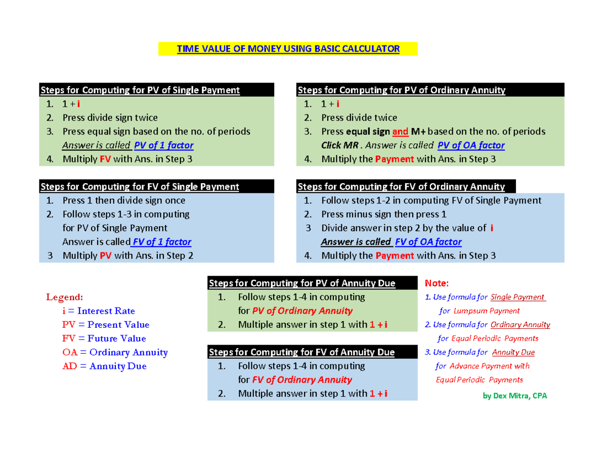 TIME Value OF Money FOR Basic Calculator TIME VALUE OF MONEY USING