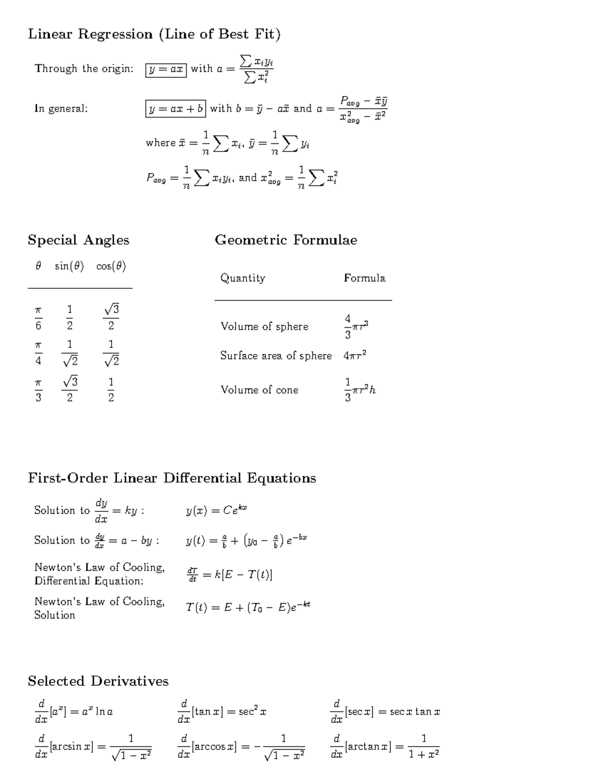 Formula Sheet - Linear Regression (Line of Best Fit) Through the origin ...