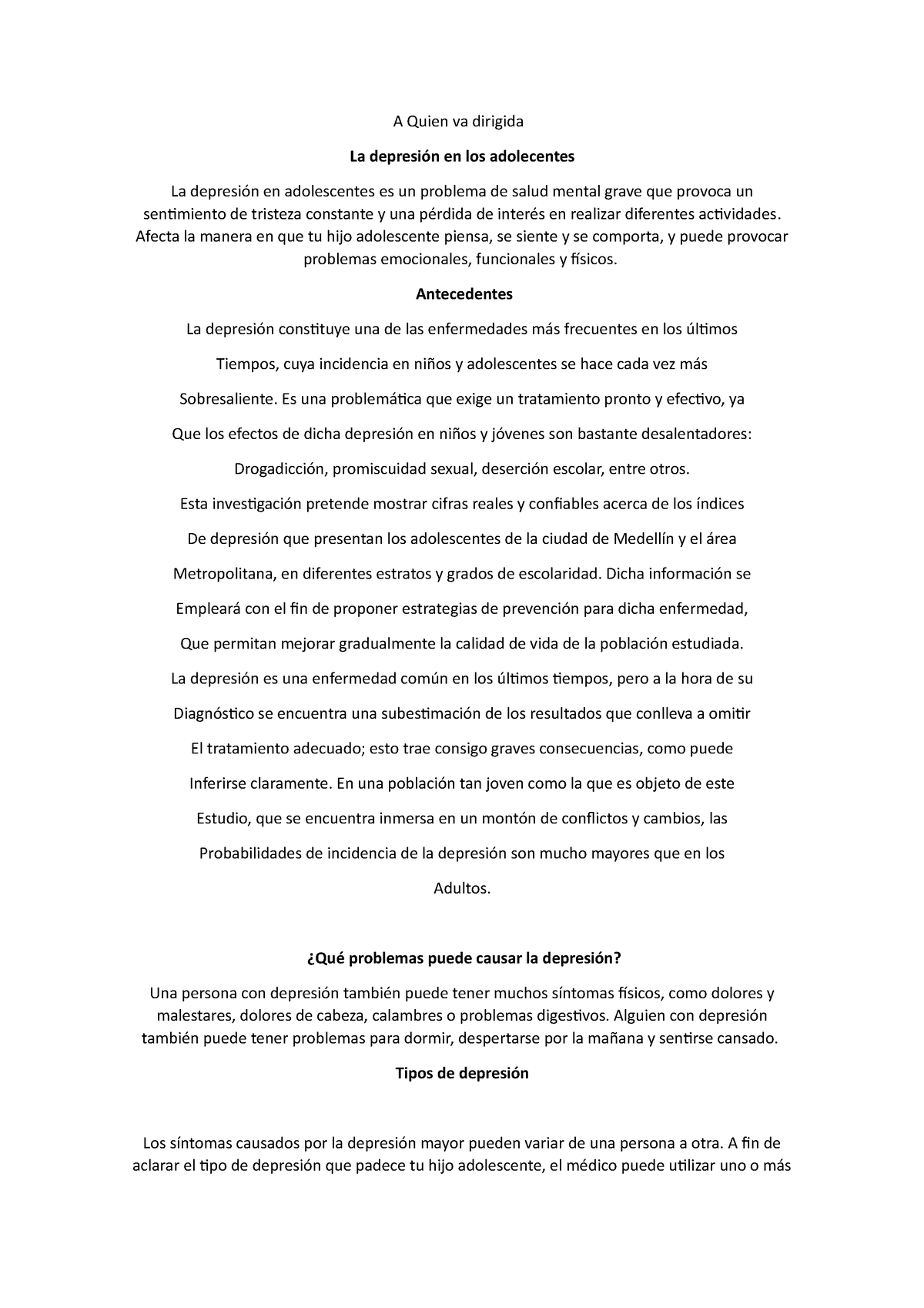 Proyecto De Vida Actividd 6 A Quien Va Dirigida La Depresión En Los Adolecentes La Depresión 3248