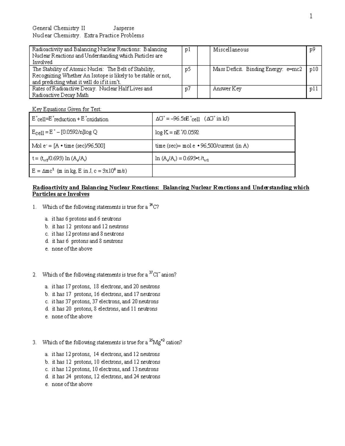 Test4 210 Nuclear Chemistry Practice Problems General Chemistry II