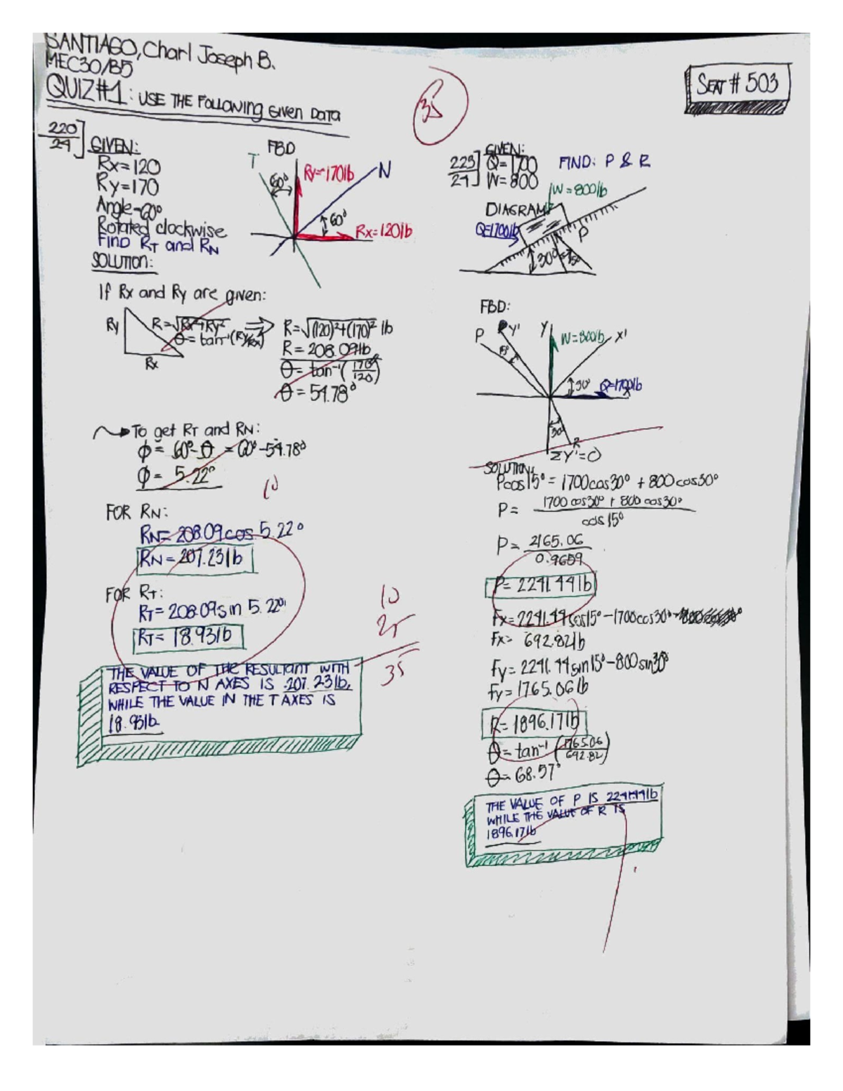 Quiz 1 - Solution to Statics of Rigid Bodies (Mec30) Examination No. 1 ...