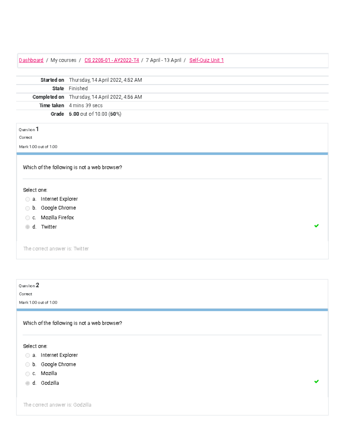 Self-Quiz Unit 1 web1 - Started on Thursday, 14 April 2022, 4:52 AM ...