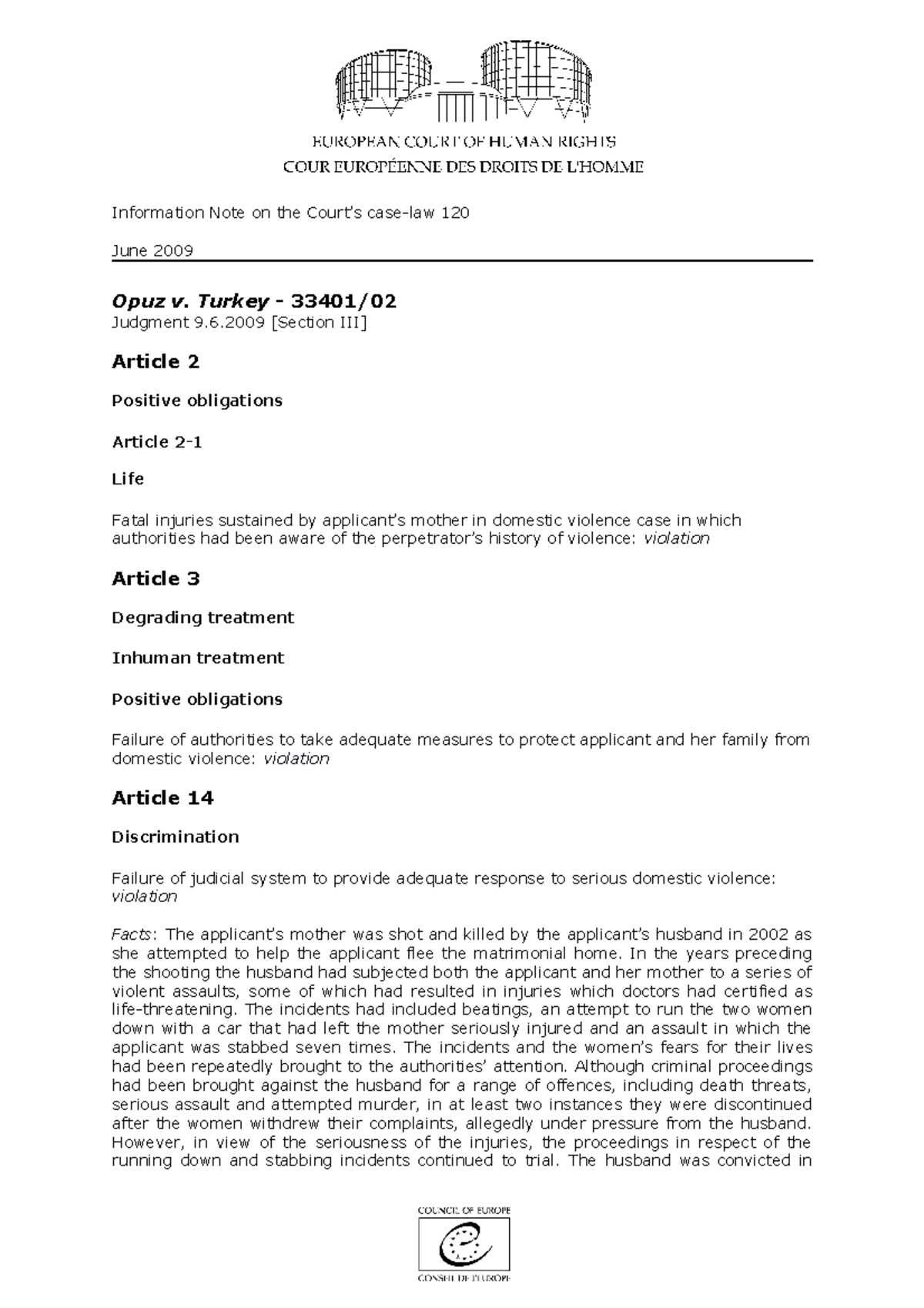 Opuz v. Turkey - Information Note on the Court’s case-law 120 June 2009 ...