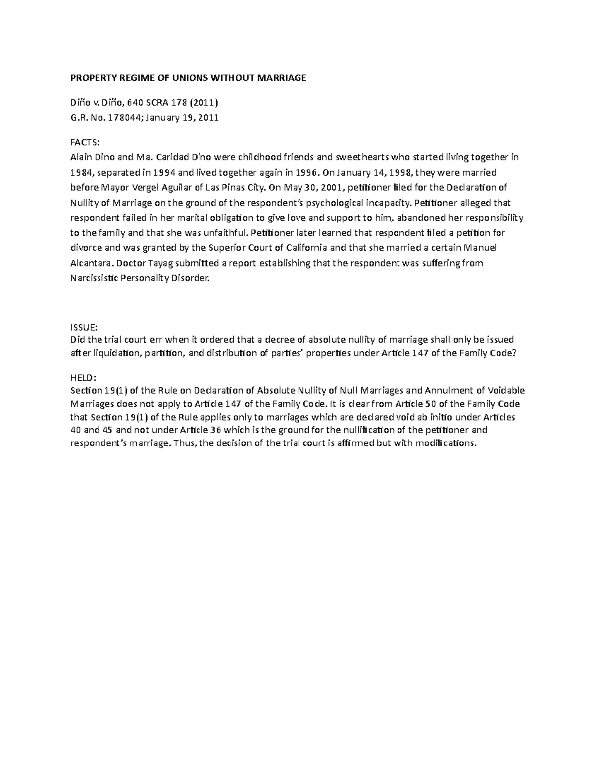 Diño v. Diño Property Regime OF Unions Without Marriage PROPERTY