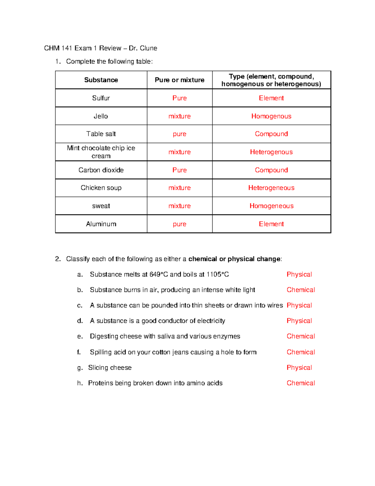 CHM 141 Exam 1 Review KEY - CHM 141 Exam 1 Review – Dr. Clune Complete ...