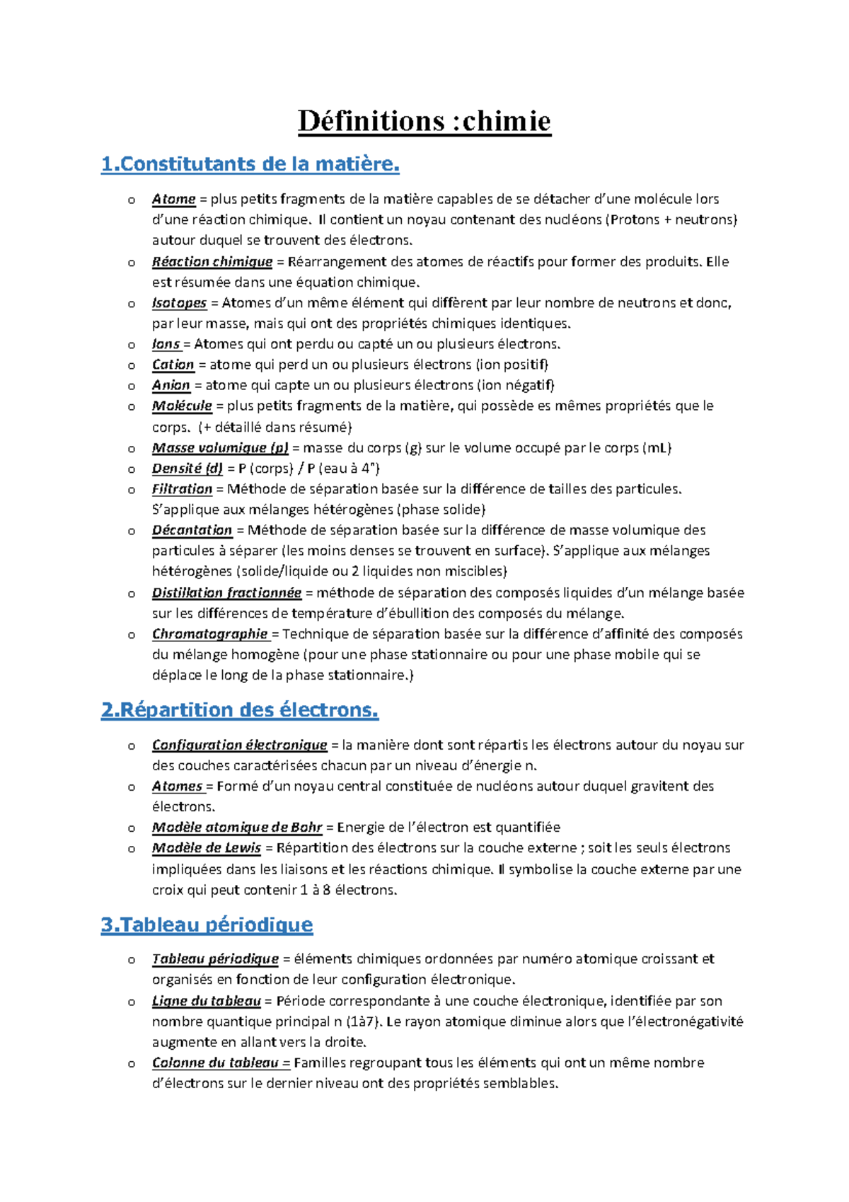 Définition chimie Chimie 1 HELHa Studocu