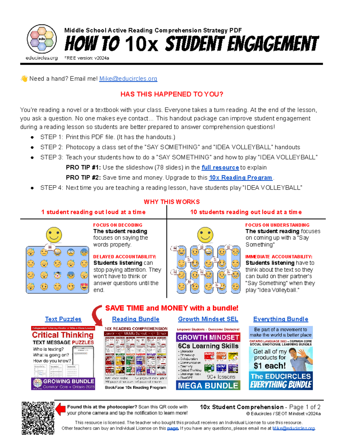 10 x reading comprehension strategies freebie handouts - Middle School ...