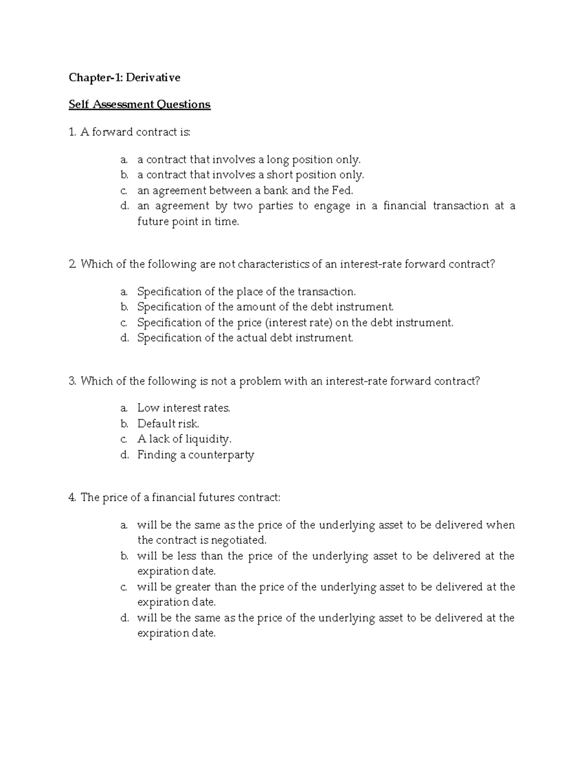interest rate forward contract MCQs Chapter1 Derivative Self