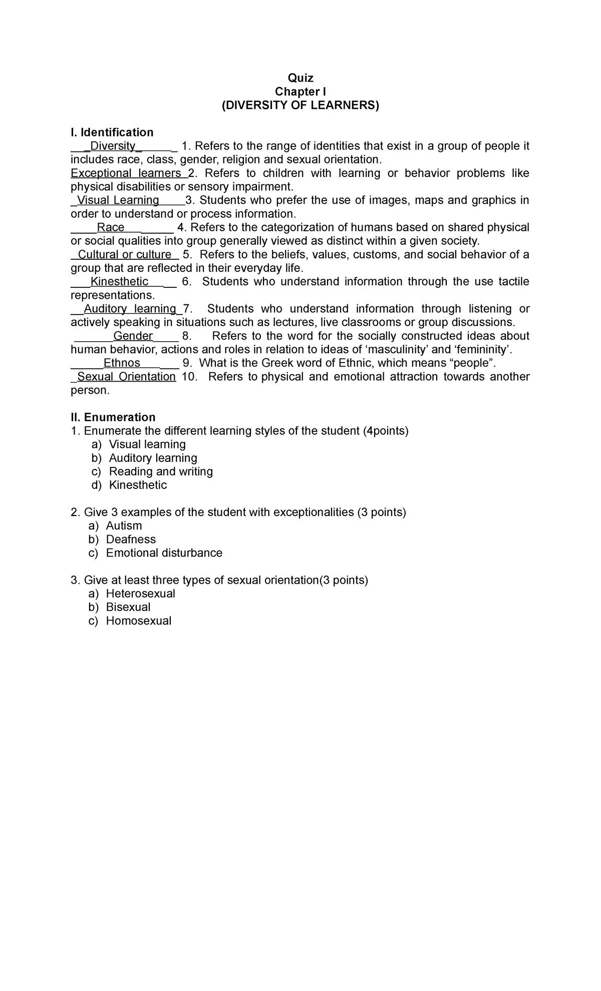 QUIZ Chapter 1 Students Diversity - Quiz Chapter I (DIVERSITY OF ...