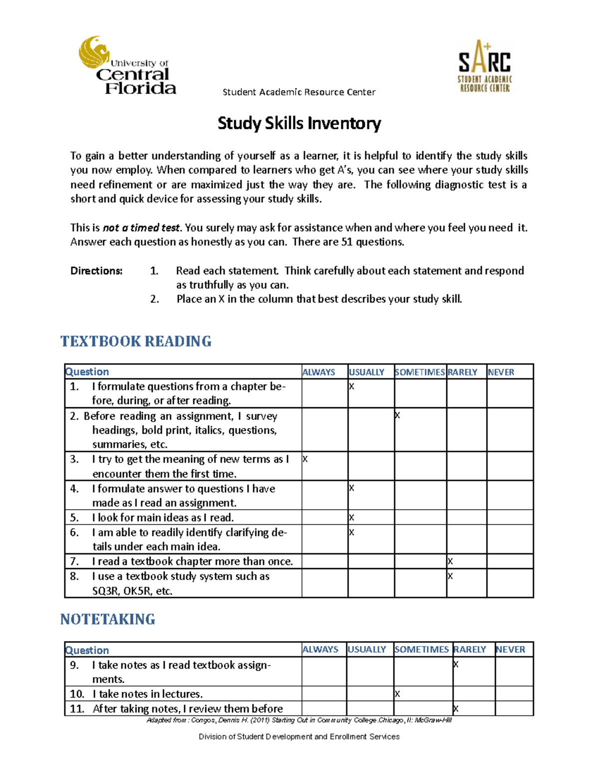 Study Skills Inventory Word2 Study Skills Inventory To gain a better
