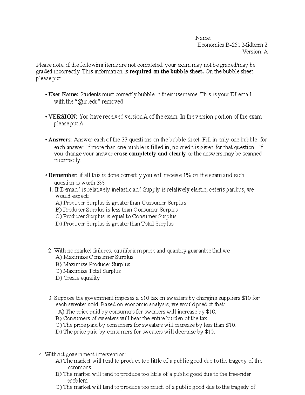 Fall 251 Midterm 2 Version A - Name: Economics B-251 Midterm 2 Version ...