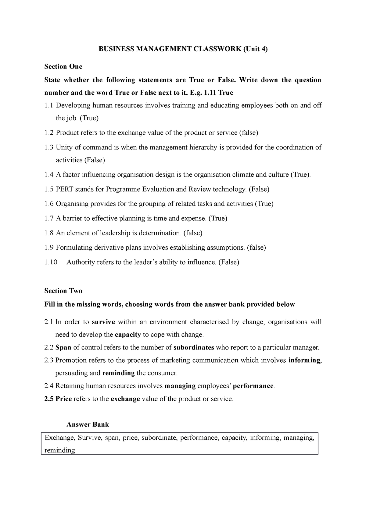 intro to business chapter 4 assignment answers