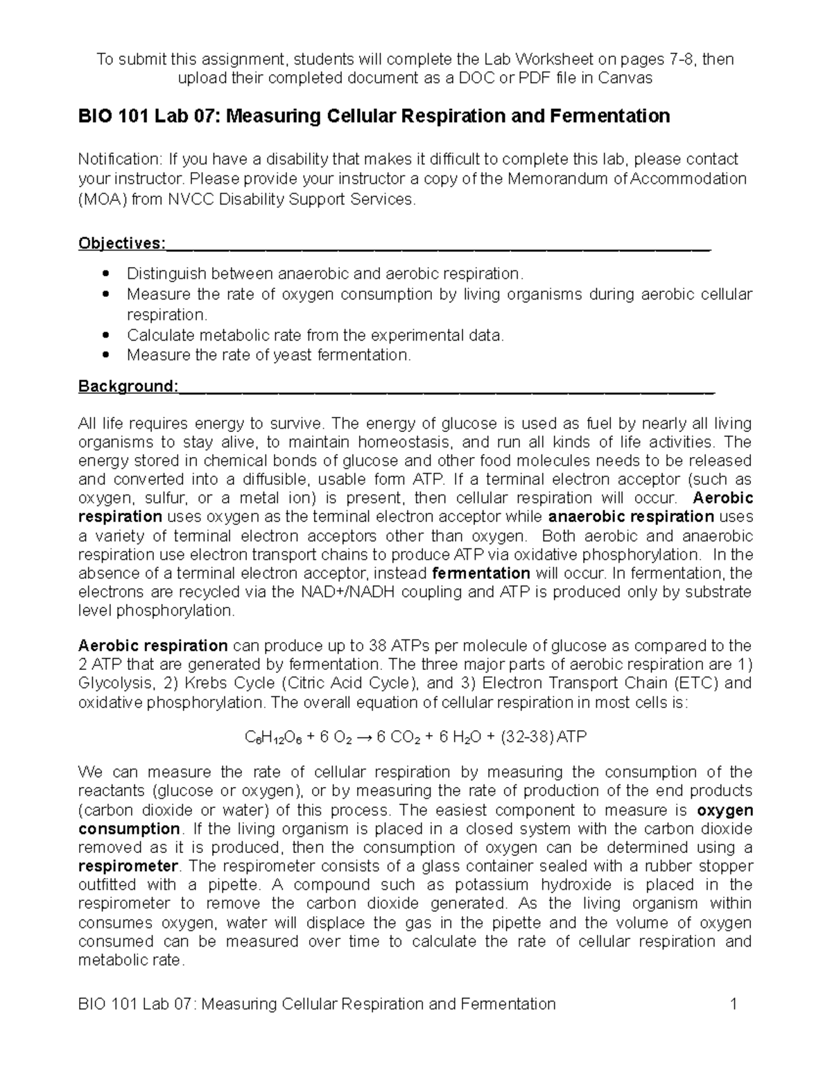 BIO 101 Lab 07, Cellular Respiration And Fermentation, Updated - Upload ...