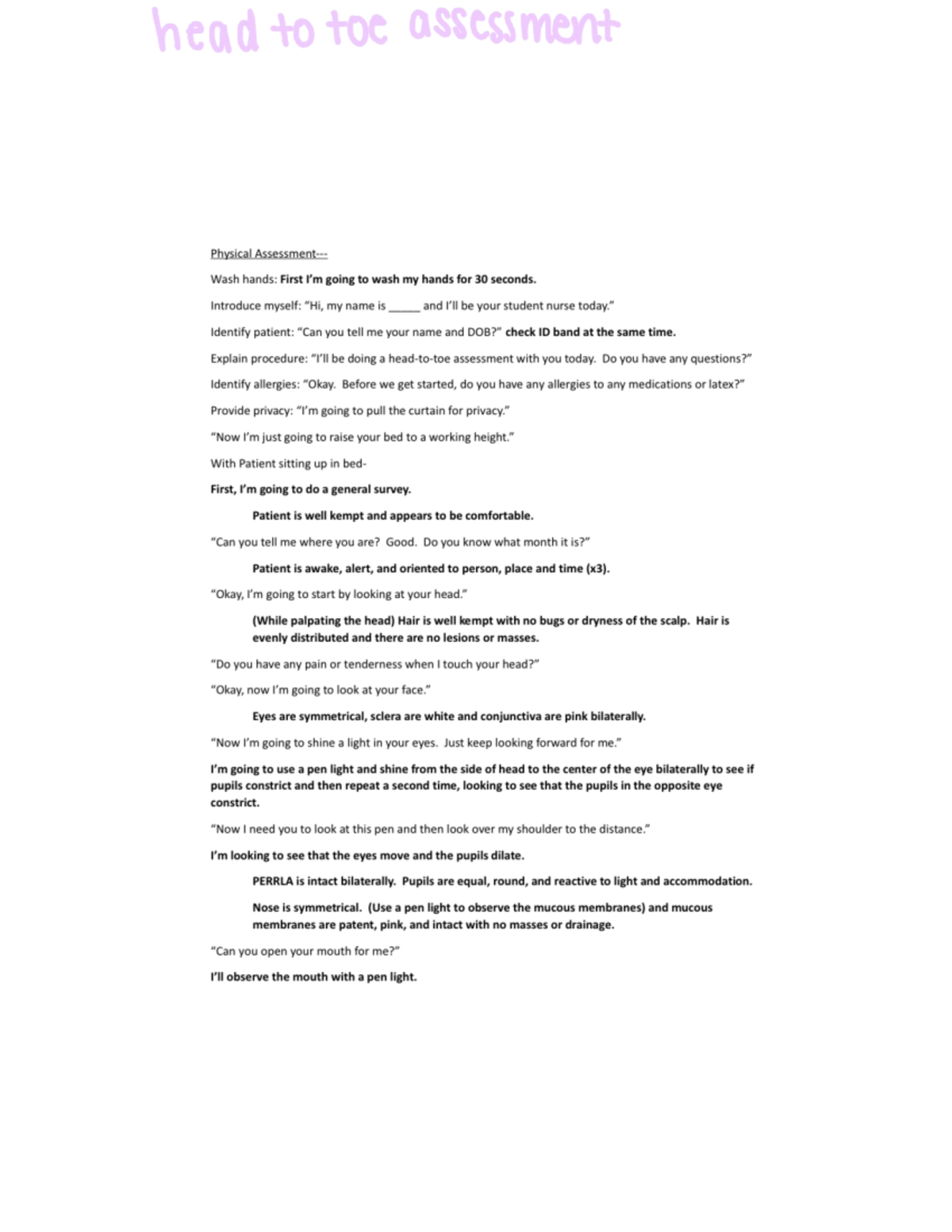 Head To Toe Assessment Script - NUR1025 - Studocu