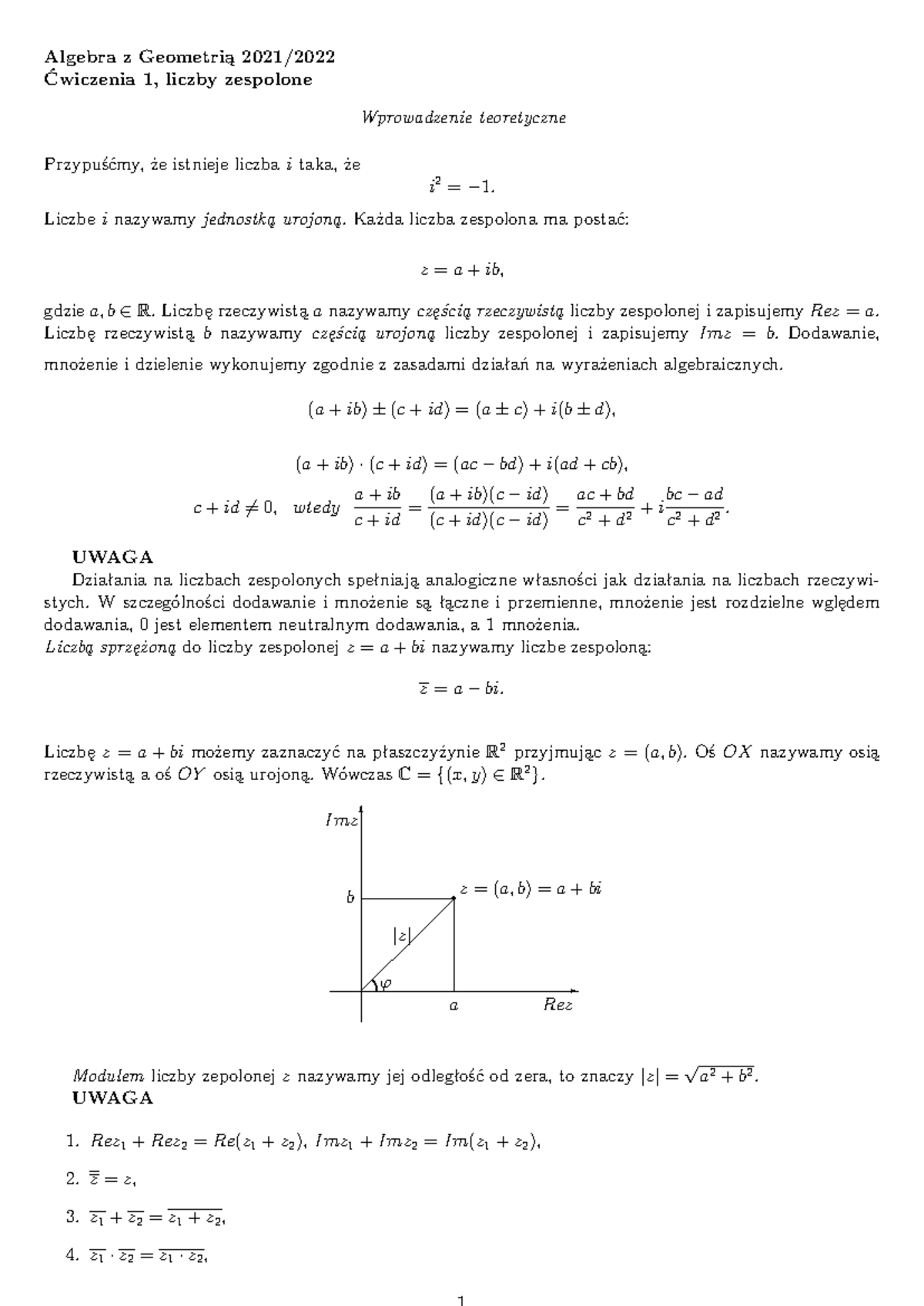 Z1 zespolone - Algebra z Geometrią 2021/ Ćwiczenia 1, liczby zespolone ...
