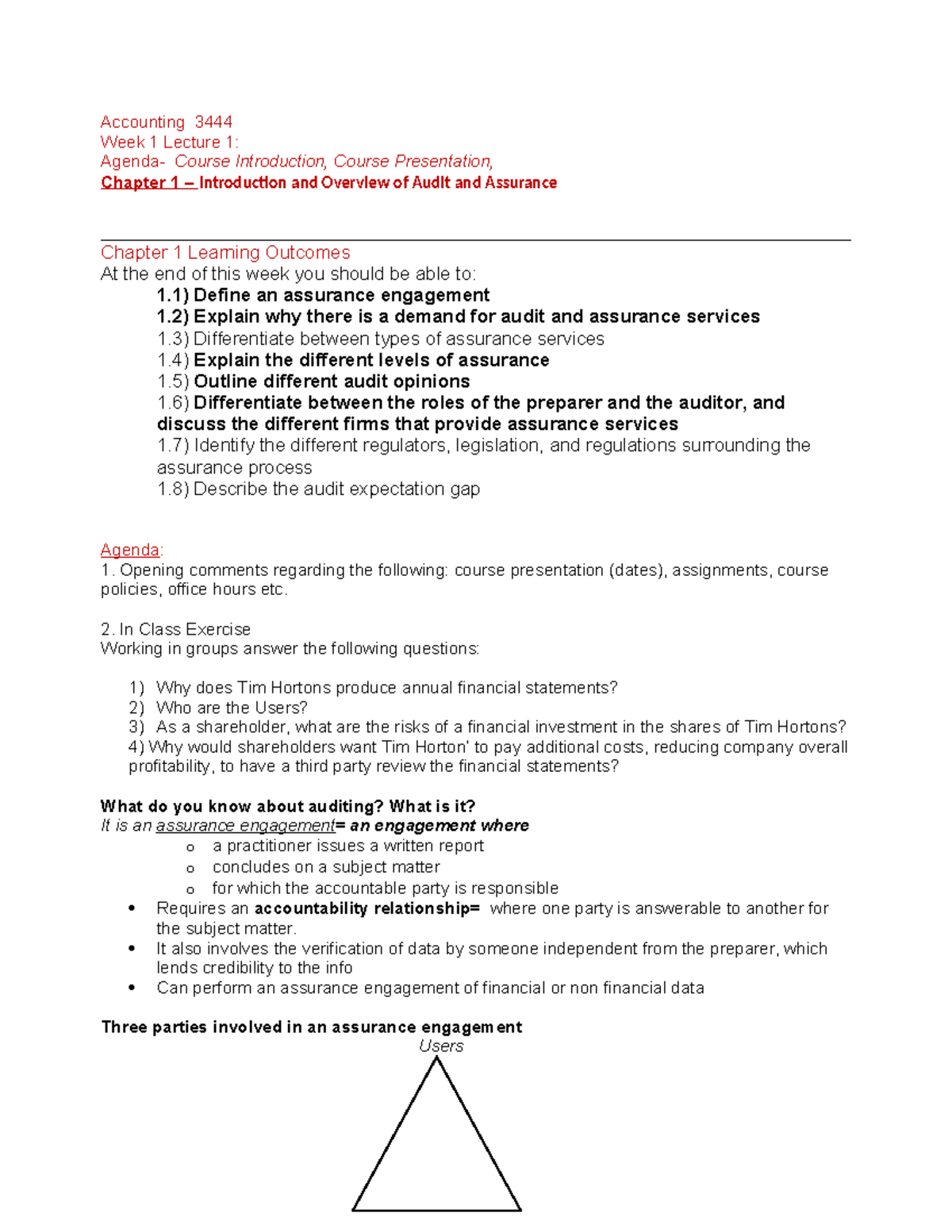 Audit 3444 Notes - Accounting 3444 Week 1 Lecture 1: Agenda- Course ...