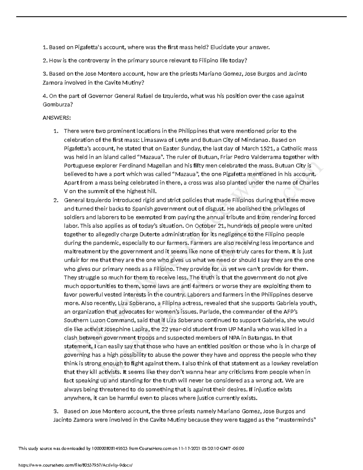 Activity 9 RIPH 111 LESSON ABOUT FIRST MASS - Readings in Philippine ...