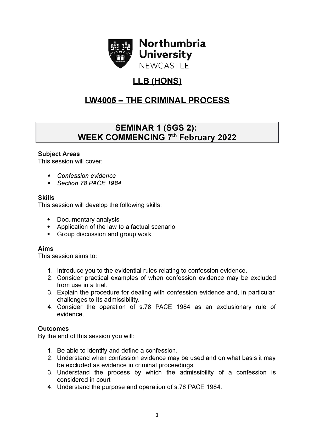 Seminar 1 (SGS 2) Criminal Process - LLB (HONS) LW4005 – THE CRIMINAL ...