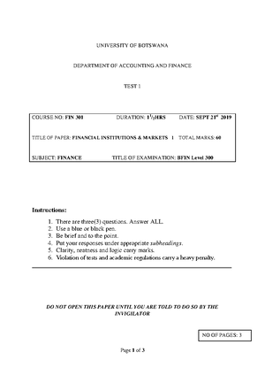 FIN 301 Practice Questions 2019-20 - FIN 301 Financial Institutions and ...
