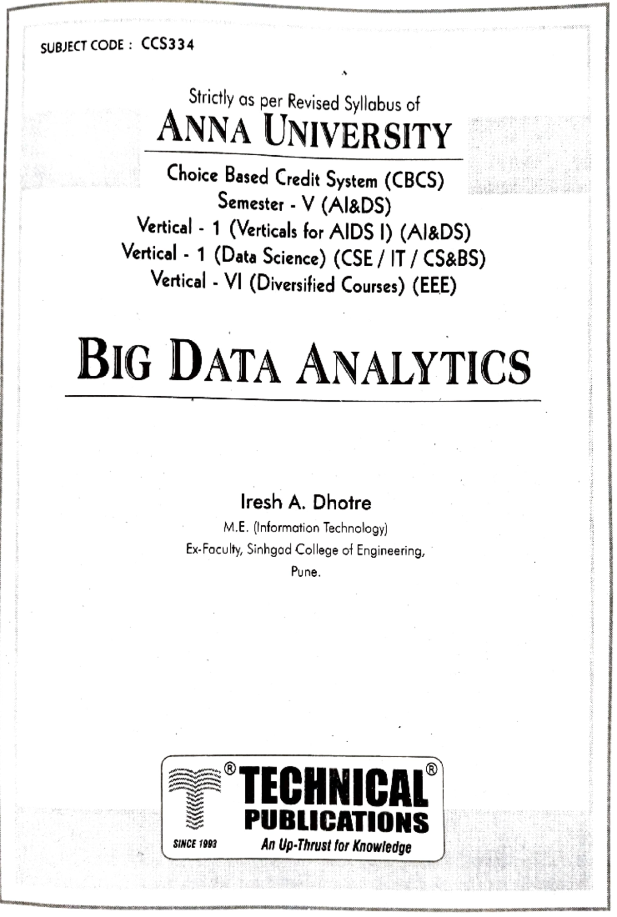 Big Data Analytics Unit. 1 - SUBJECT CODE : CCS334 Strictly As Per ...