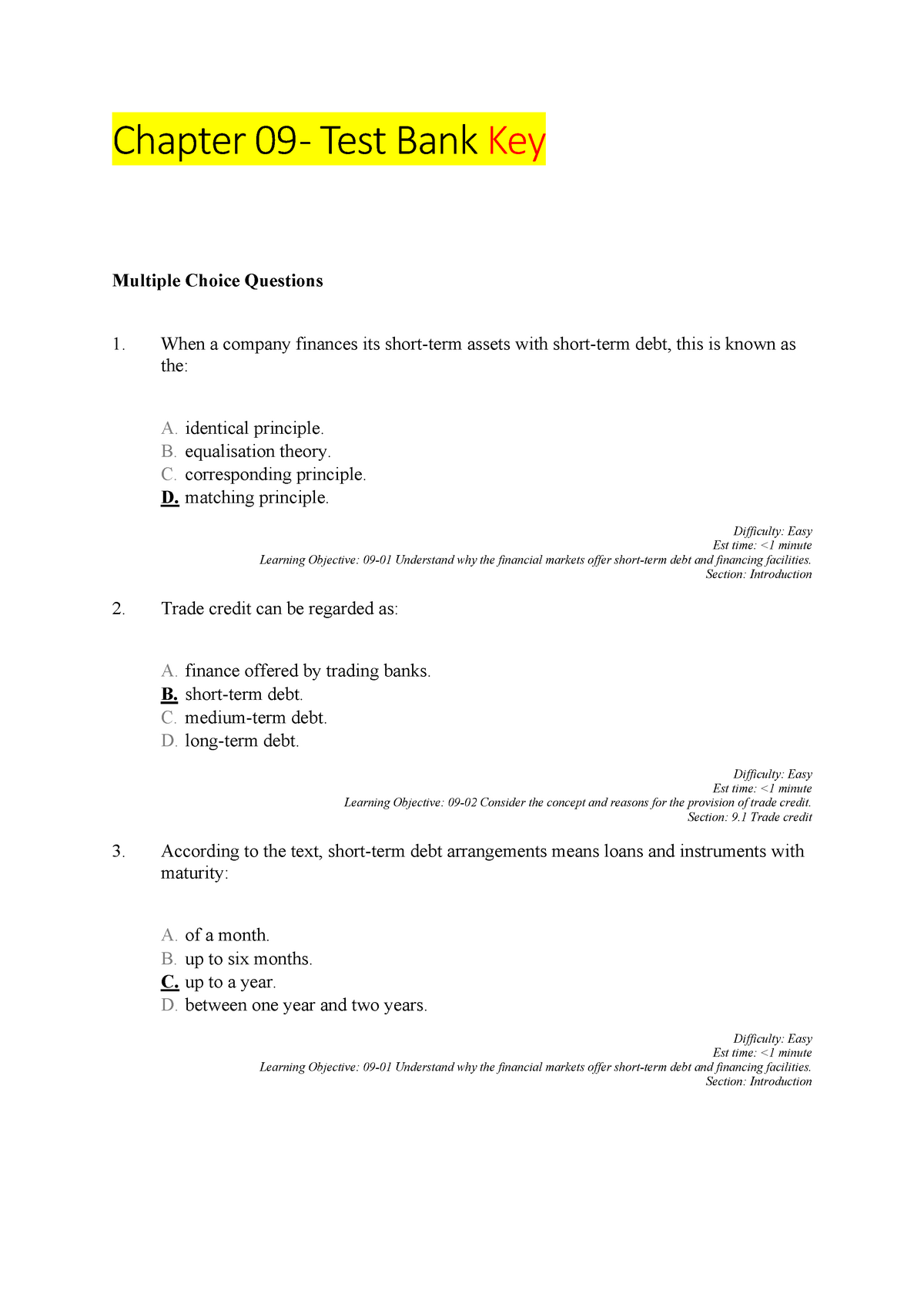 Chapter 09 Fins1612 Question Bank - Chapter 09 - Test Bank Key Multiple ...