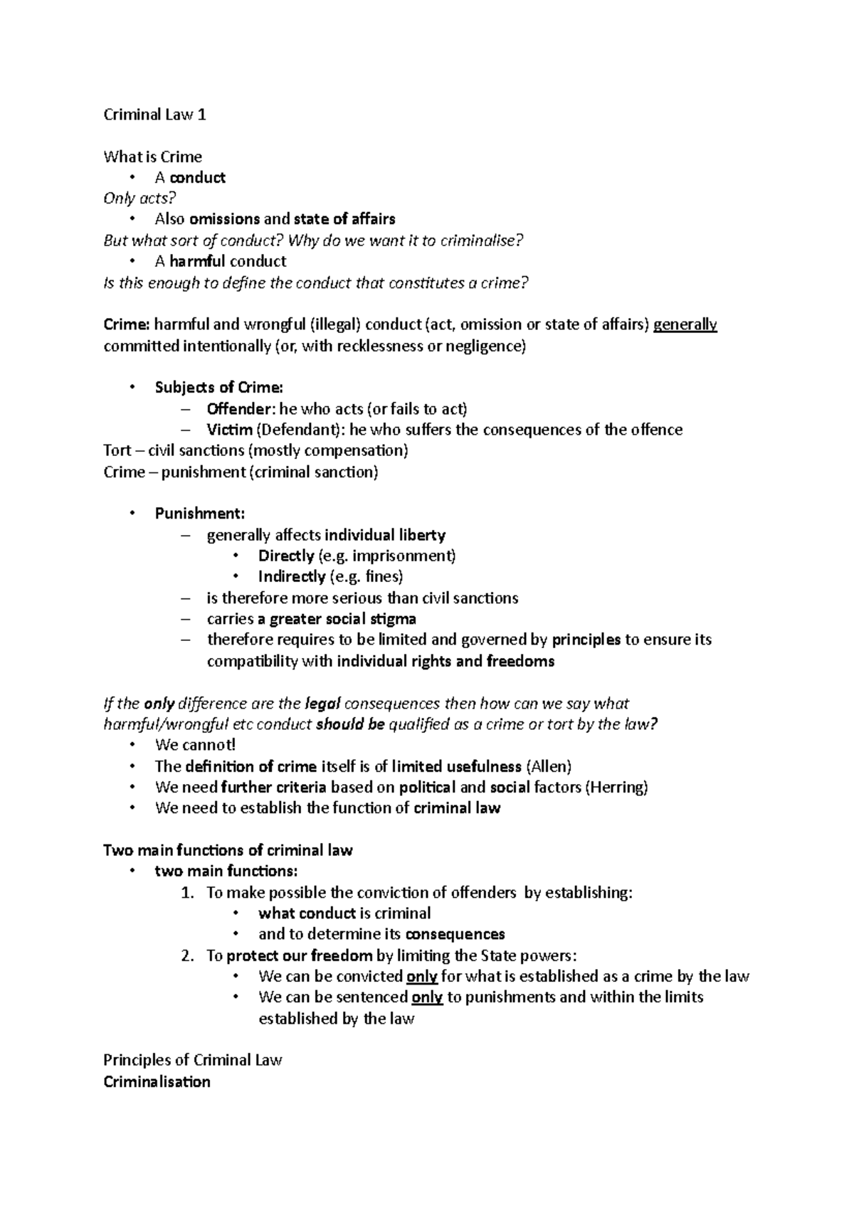 Criminal Law 1 - Lecture notes 1 - Criminal Law 1 What is Crime - A ...