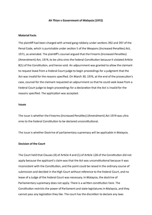 Case Note Ah Thian V Government Of Malaysia 1972 Legal Skills Studocu