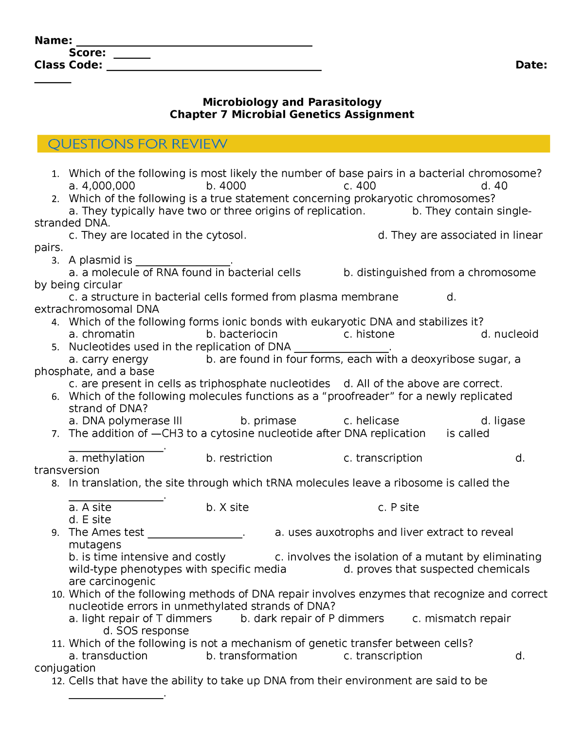 Chapter 7 Microbial Genetics Assignment - Name