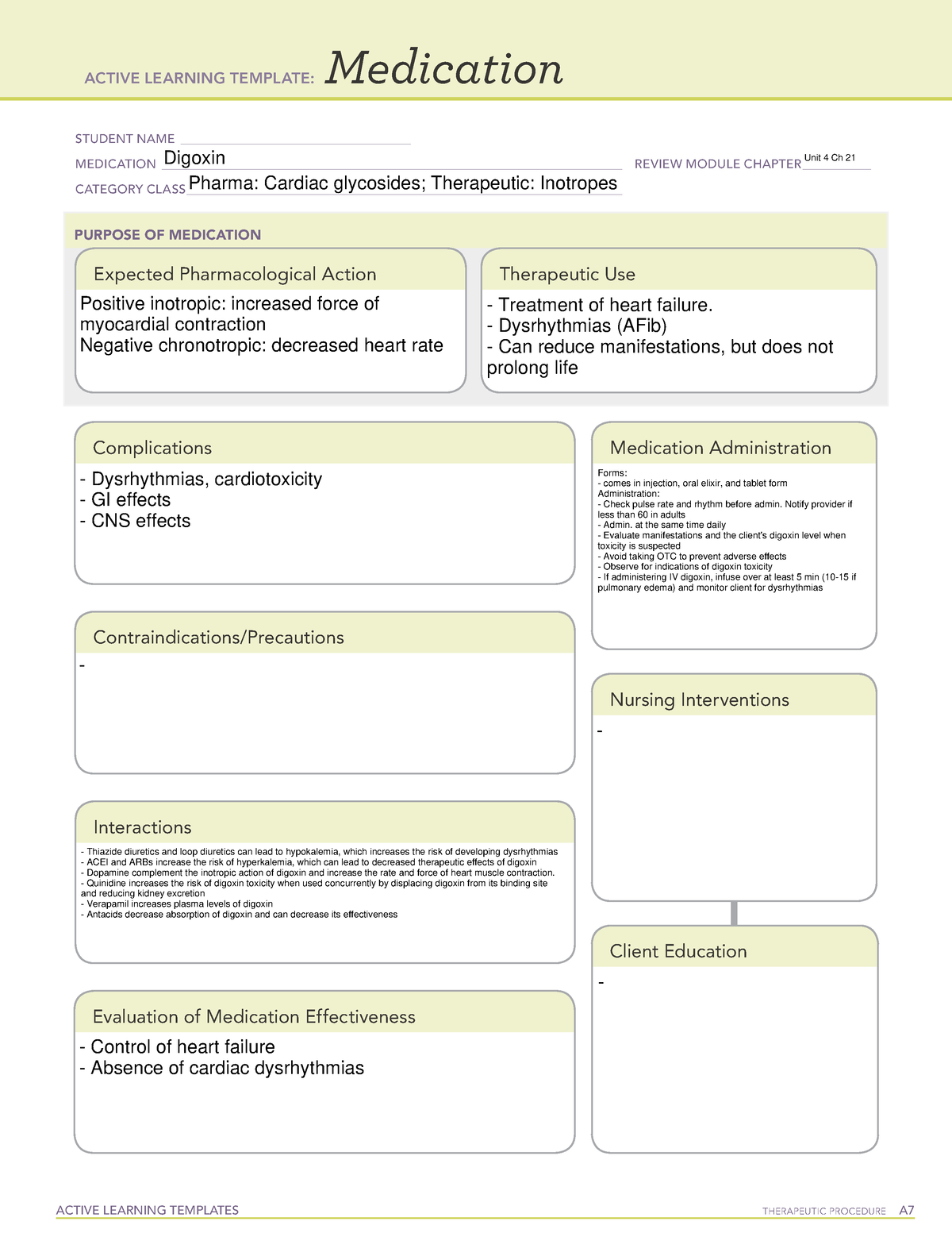 Digoxin (Medication ALT) ACTIVE LEARNING TEMPLATES THERAPEUTIC PROCEDURE A Medication STUDENT