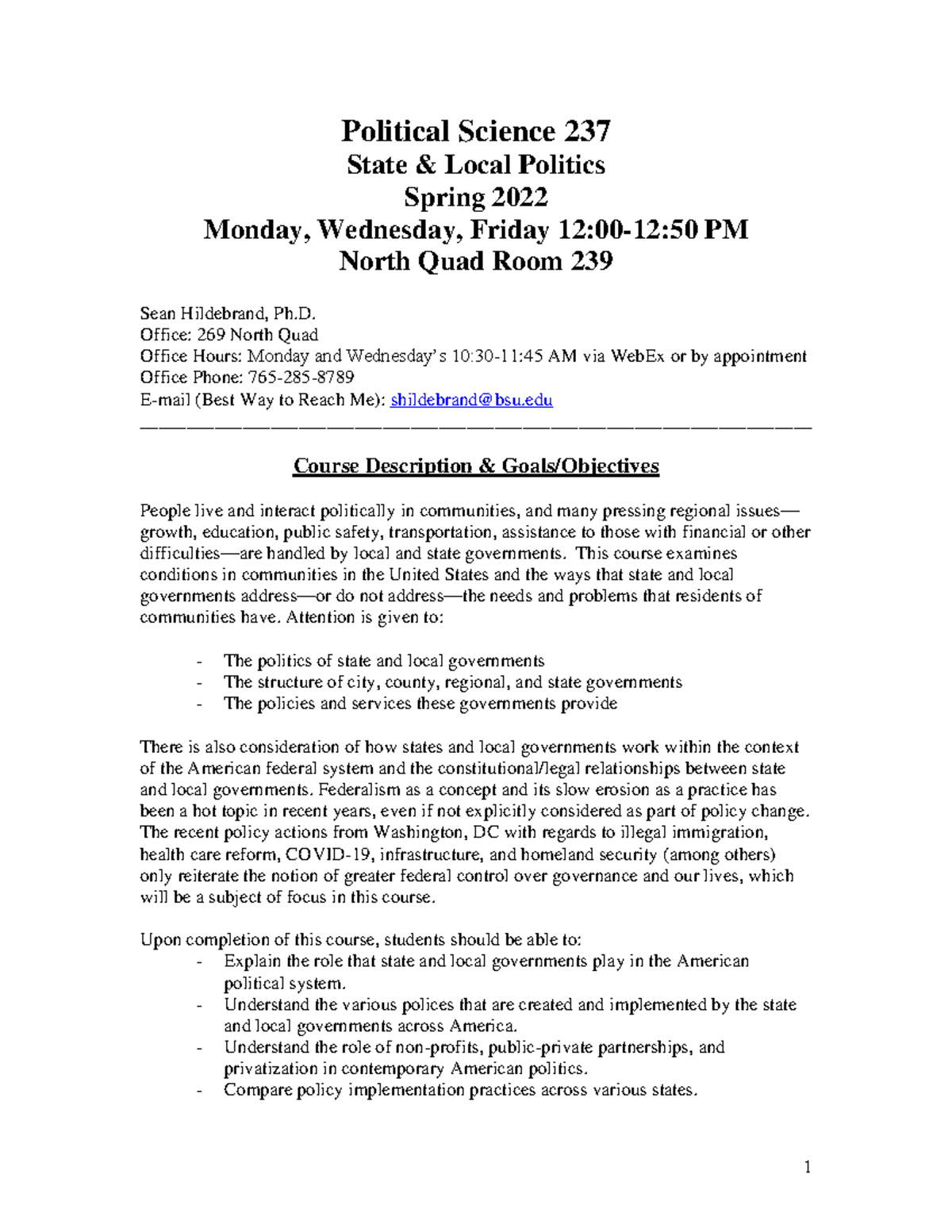 State Politics Syllabus Spring 2022 - Political Science 237 State ...