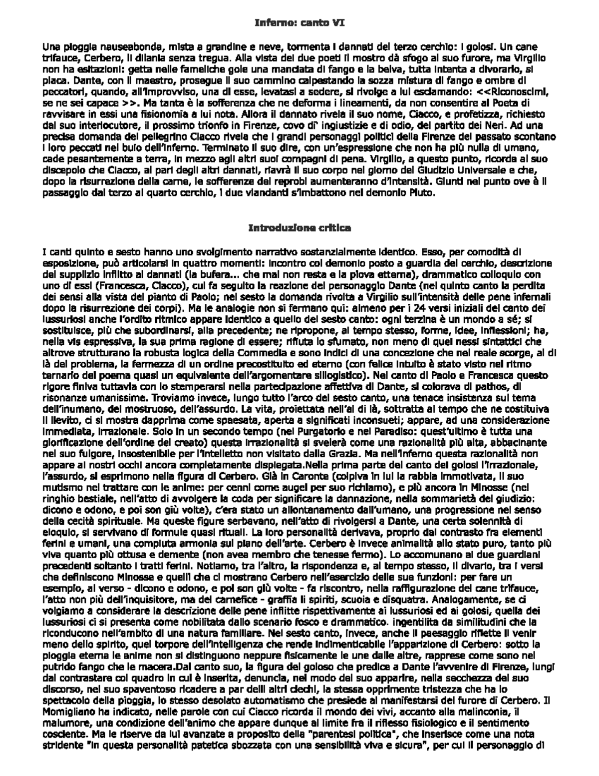 Breve Riassunto E Analisi Canto VI Inferno Divina Commedia