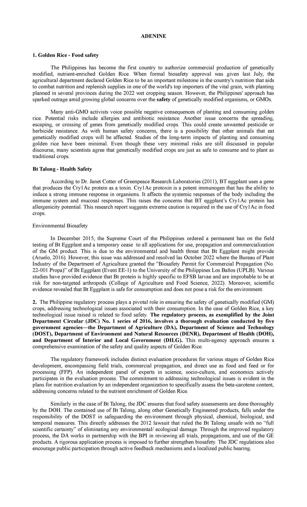 Adenine - Assignment#4 - ADENINE Golden Rice - Food safety The ...