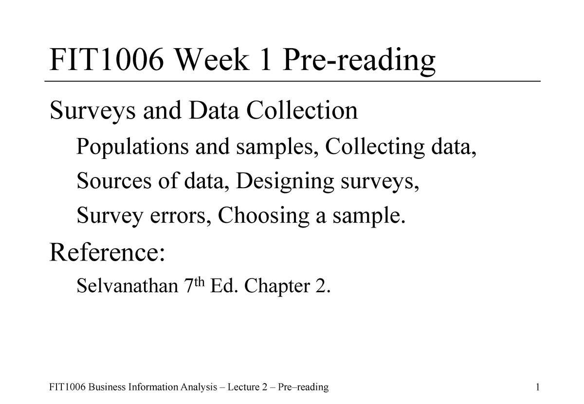 FIT1006 Pre Reading WEEK 1 FIT1006 Week 1 Prereading Surveys and
