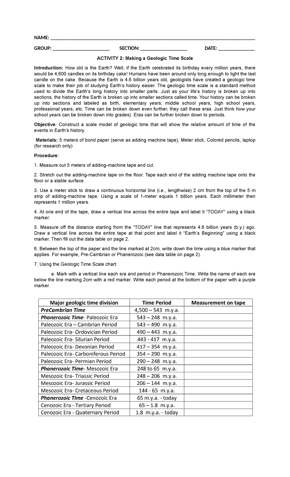 Activity 2 Geologic Time Table - NAME: - Studocu