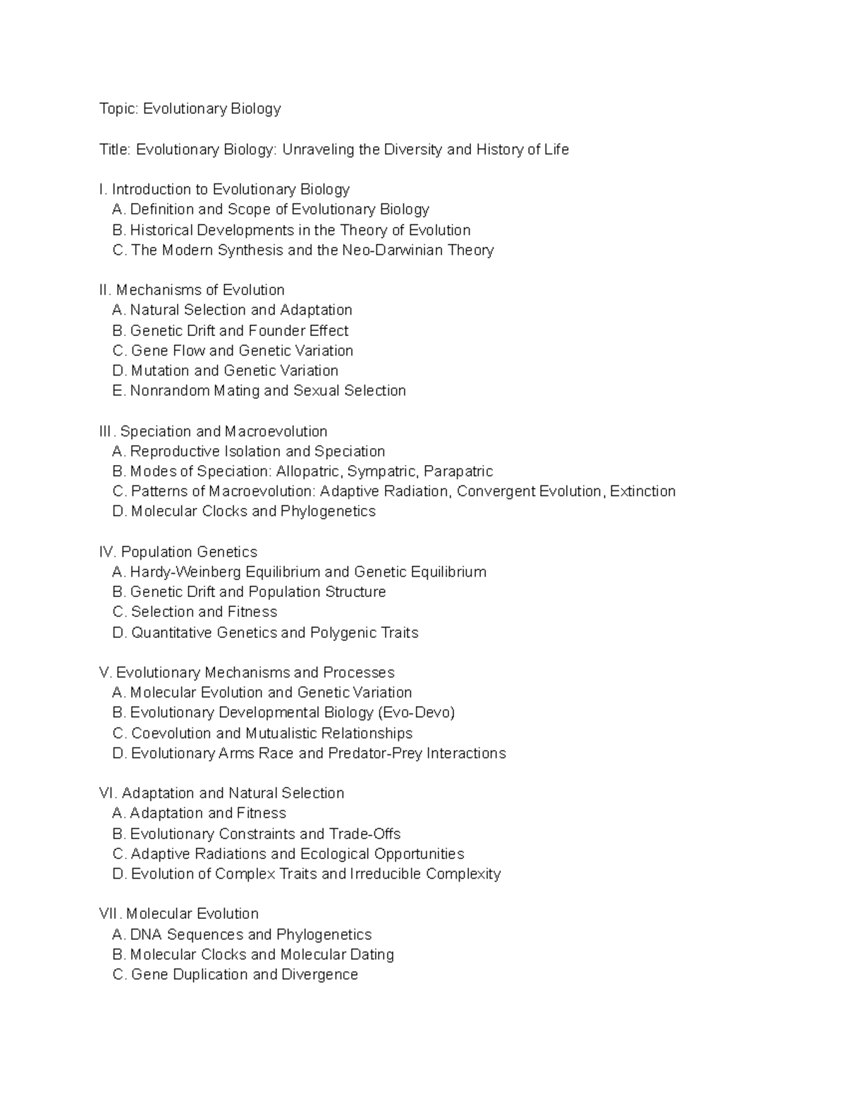 Topic Evolutionary Biology - Topic: Evolutionary Biology Title ...