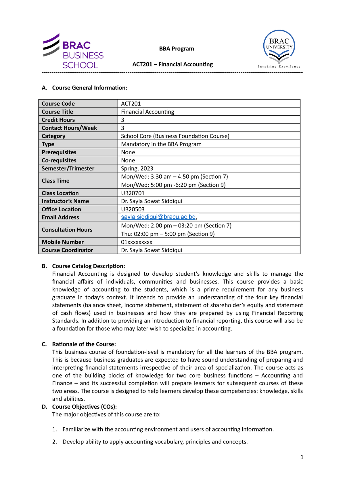 ACT201 Financial Accounting Course Syllabus - BBA Program ACT201 ...