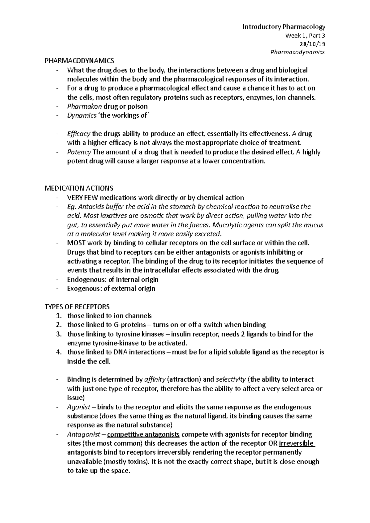 Week 1, Part 3 - Week 1 lecture notes - Pharmacology - Introductory ...