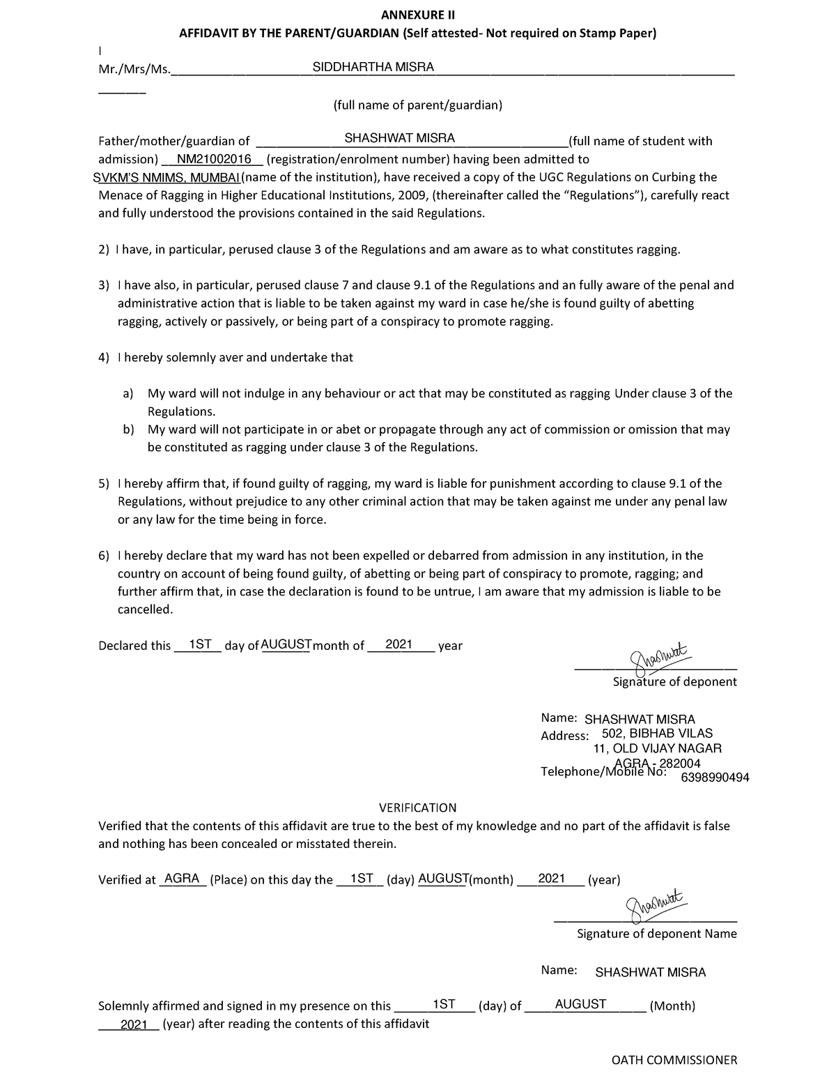 Annexure II- Affidavit BY THE Parent & Guardian Filled - ANNEXURE II ...