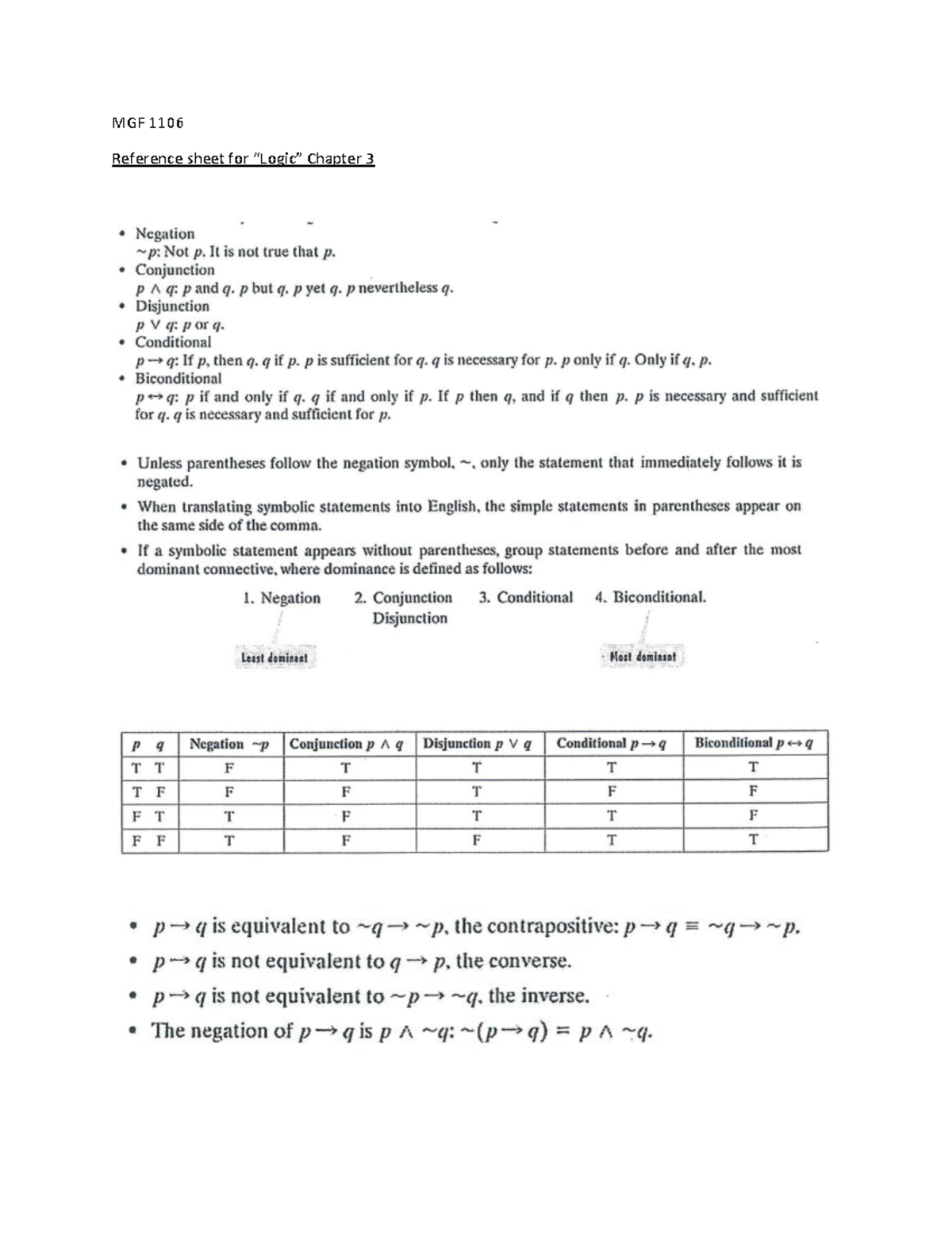 Reference sheet Logic (Chapter 3) - MAT 1100 - MGF Reference sheet for
