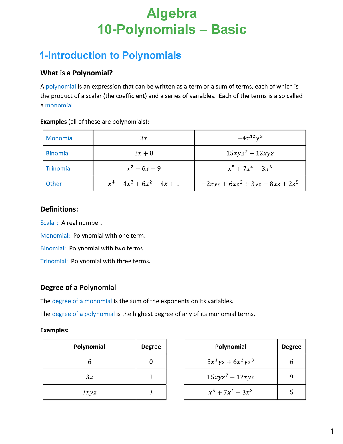 Algebra Polynomials – Basic - Chapter 10 Polynomials – Basic Algebra ...